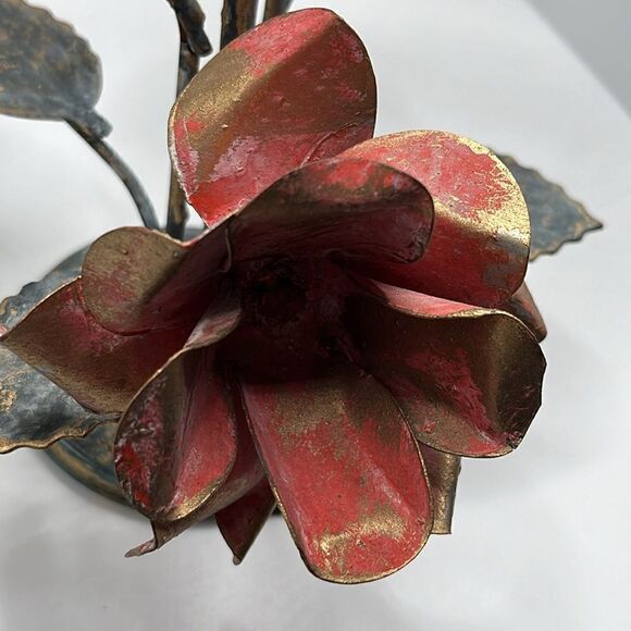 Metal Candle Holder Aged Welded Rustic Patina Pink Metallic Gold Roses w/ Leaves - Picture 4 of 17